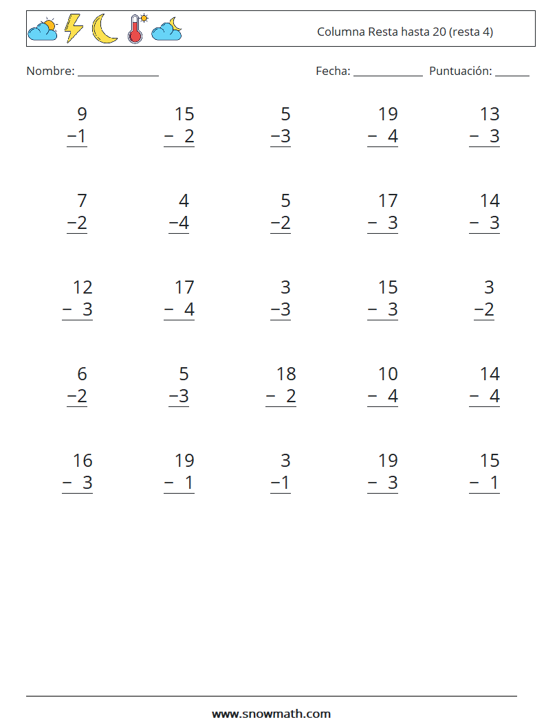 (25) Columna Resta hasta 20 (resta 4) Hojas de trabajo de matemáticas 12