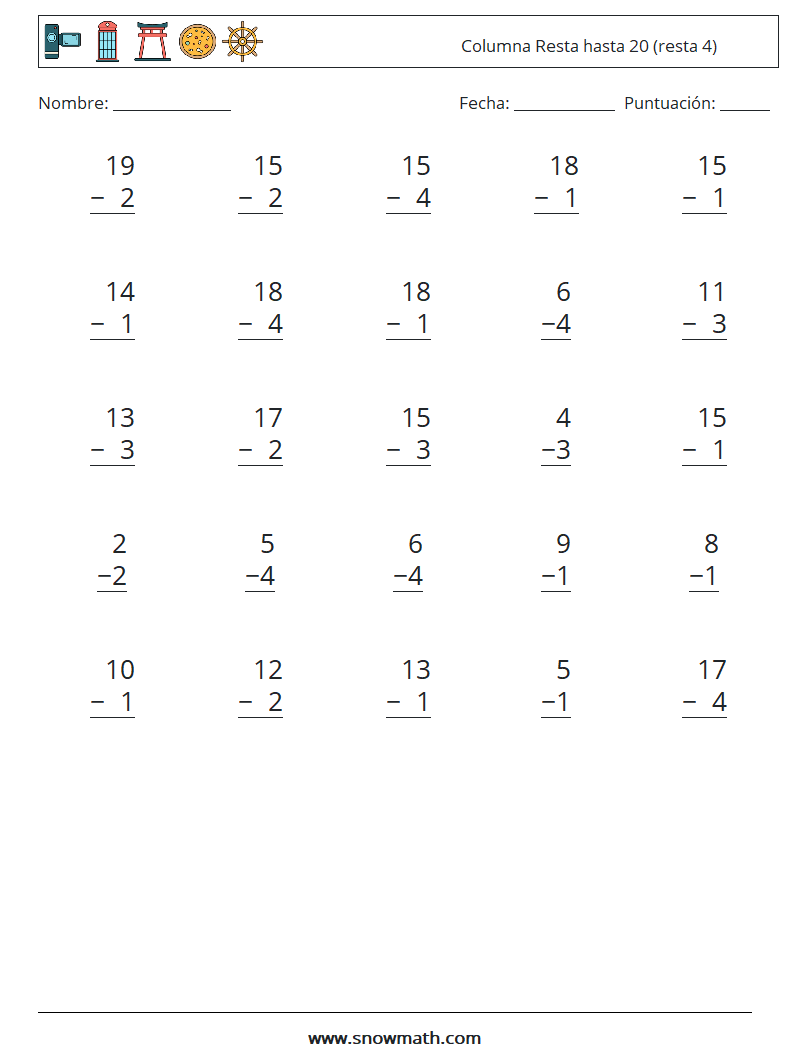 (25) Columna Resta hasta 20 (resta 4) Hojas de trabajo de matemáticas 14