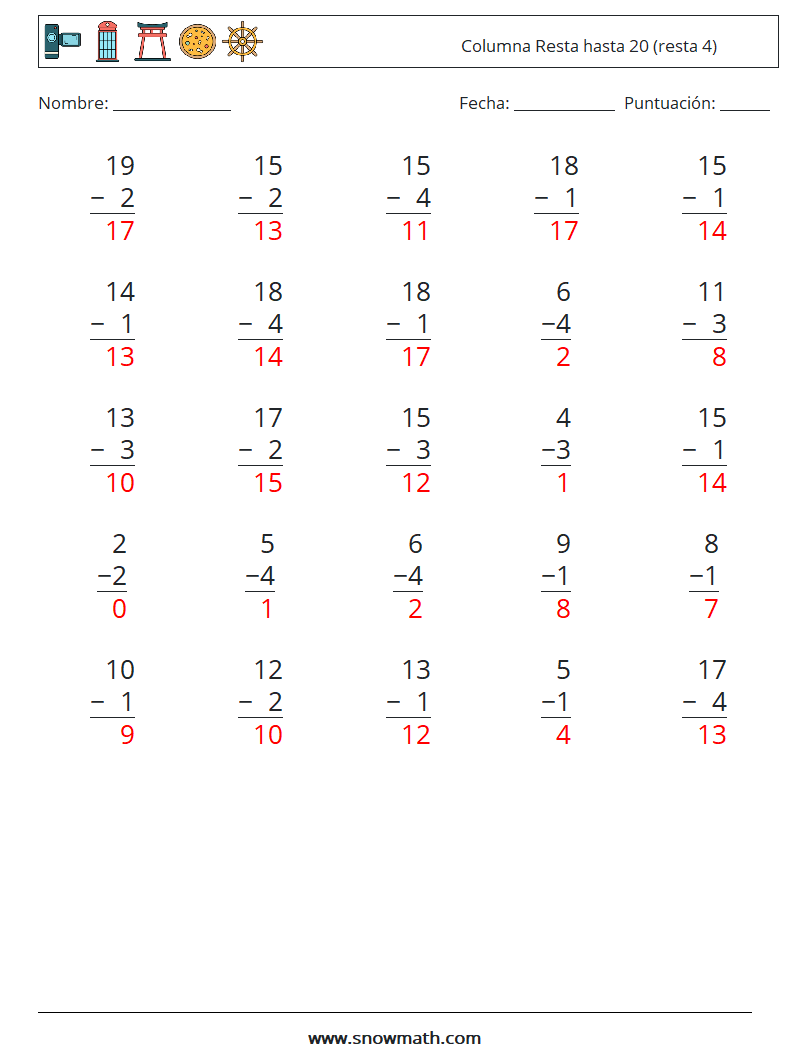 (25) Columna Resta hasta 20 (resta 4) Hojas de trabajo de matemáticas 14 Pregunta, respuesta