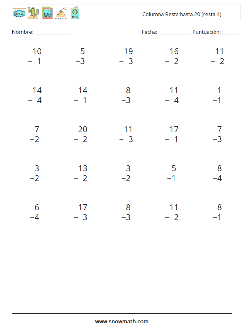 (25) Columna Resta hasta 20 (resta 4) Hojas de trabajo de matemáticas 15