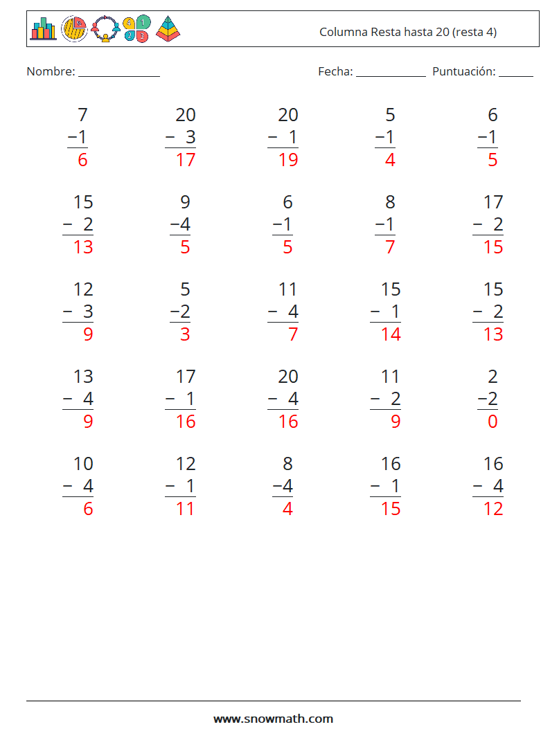 (25) Columna Resta hasta 20 (resta 4) Hojas de trabajo de matemáticas 18 Pregunta, respuesta