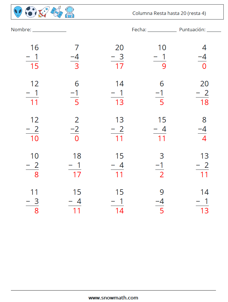 (25) Columna Resta hasta 20 (resta 4) Hojas de trabajo de matemáticas 7 Pregunta, respuesta