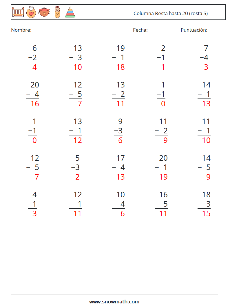 (25) Columna Resta hasta 20 (resta 5) Hojas de trabajo de matemáticas 10 Pregunta, respuesta