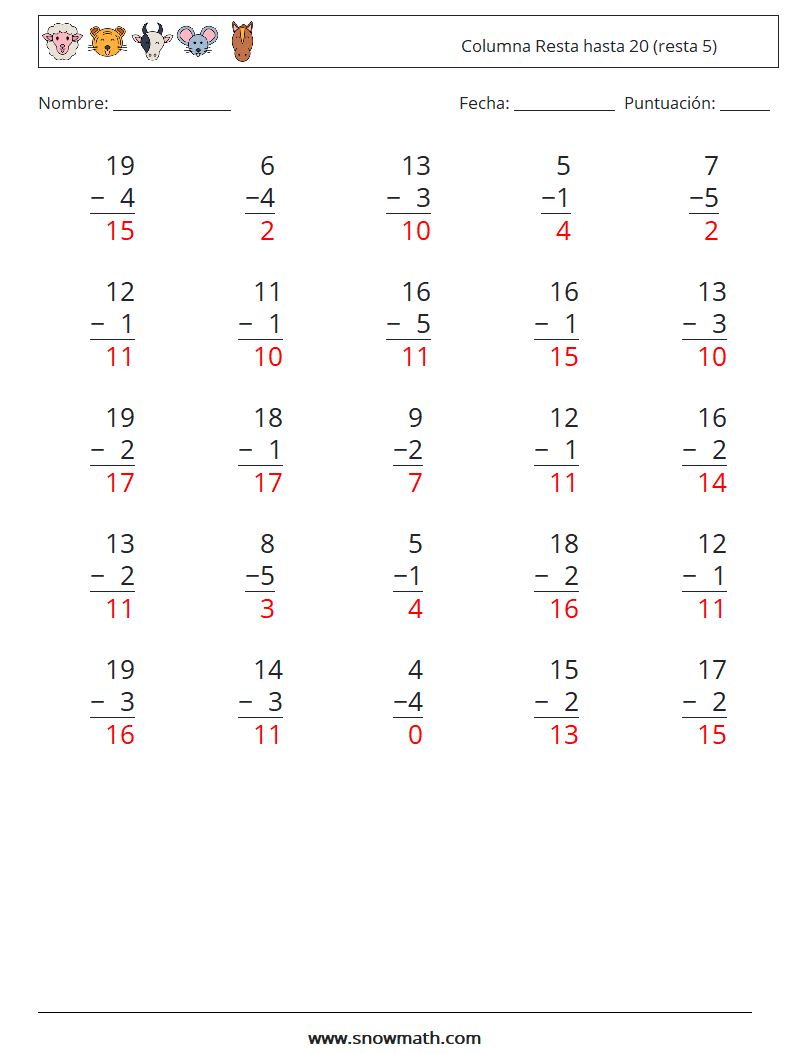 (25) Columna Resta hasta 20 (resta 5) Hojas de trabajo de matemáticas 12 Pregunta, respuesta