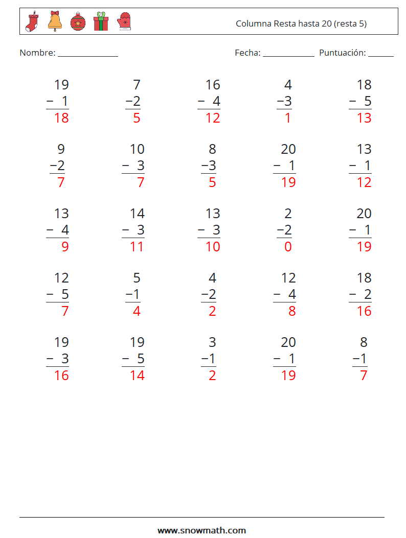(25) Columna Resta hasta 20 (resta 5) Hojas de trabajo de matemáticas 14 Pregunta, respuesta