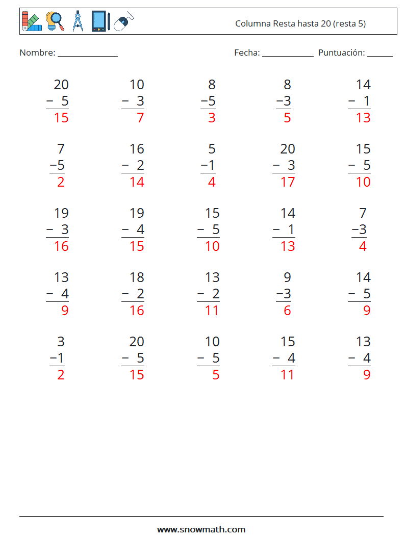 (25) Columna Resta hasta 20 (resta 5) Hojas de trabajo de matemáticas 16 Pregunta, respuesta