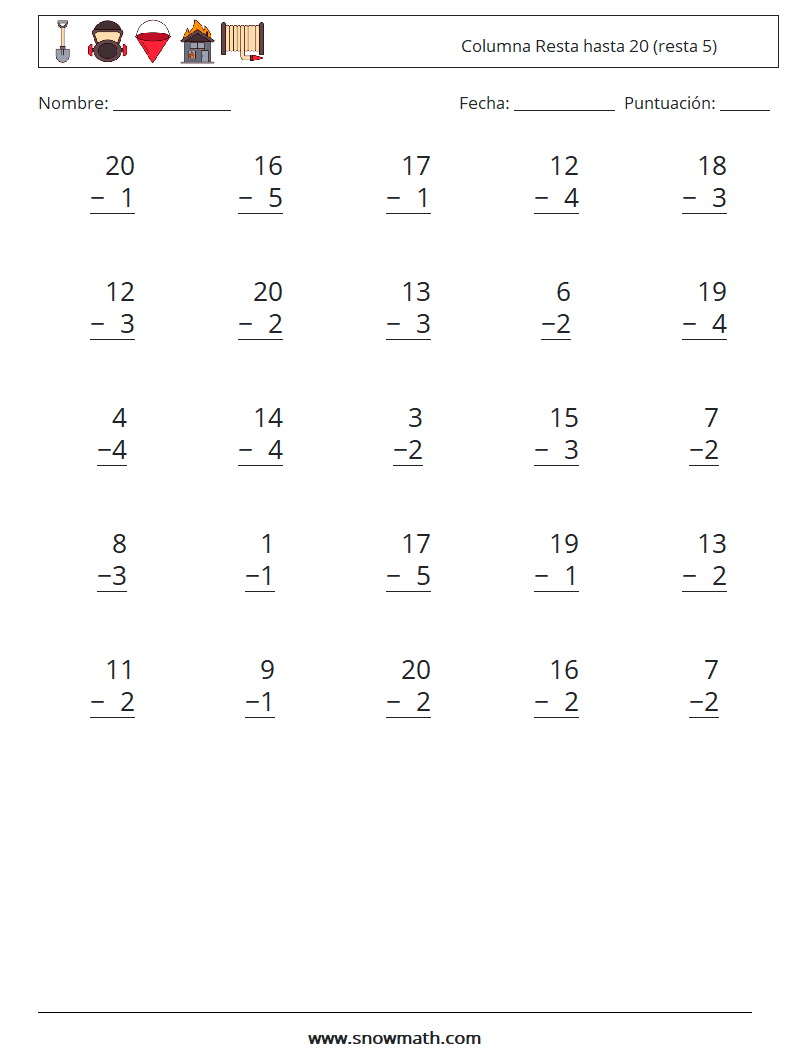 (25) Columna Resta hasta 20 (resta 5) Hojas de trabajo de matemáticas 8