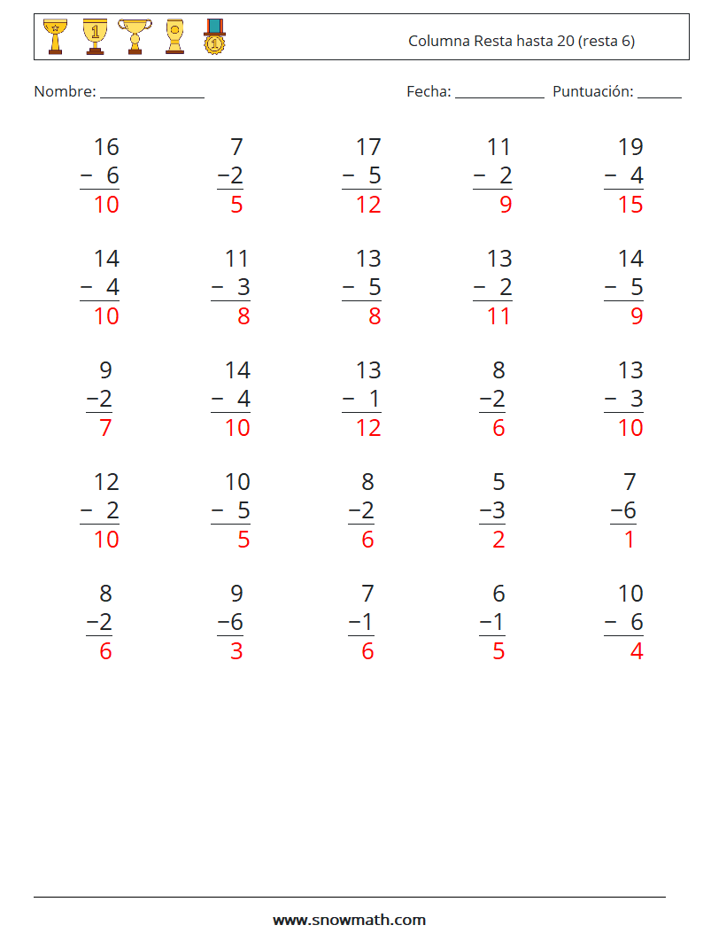 (25) Columna Resta hasta 20 (resta 6) Hojas de trabajo de matemáticas 11 Pregunta, respuesta