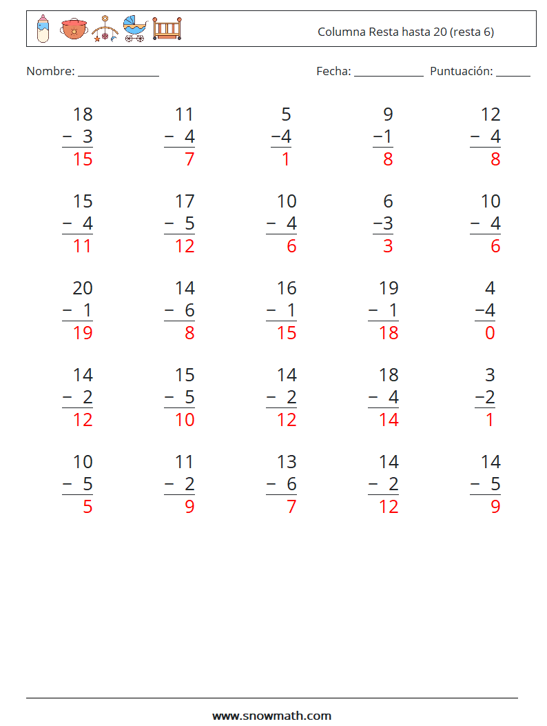 (25) Columna Resta hasta 20 (resta 6) Hojas de trabajo de matemáticas 12 Pregunta, respuesta