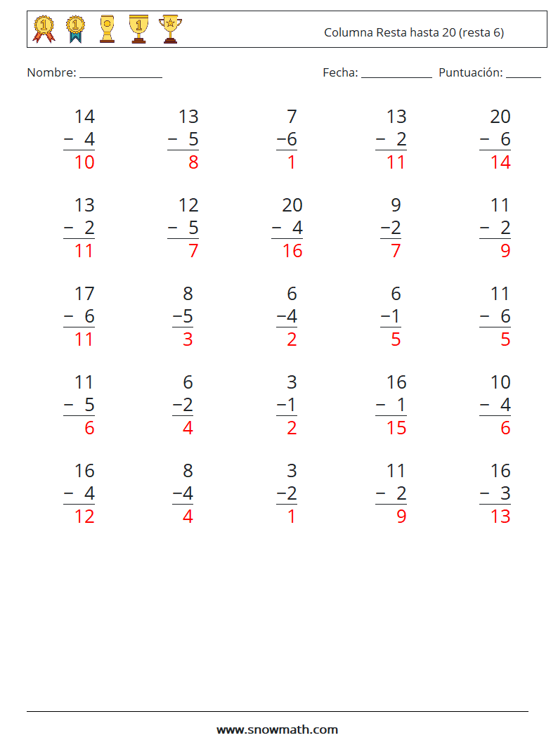 (25) Columna Resta hasta 20 (resta 6) Hojas de trabajo de matemáticas 14 Pregunta, respuesta