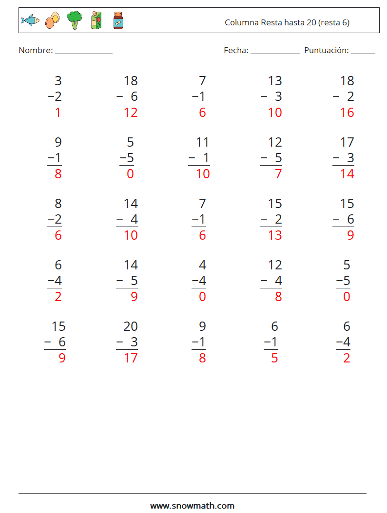 (25) Columna Resta hasta 20 (resta 6) Hojas de trabajo de matemáticas 17 Pregunta, respuesta