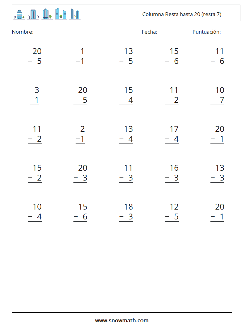 (25) Columna Resta hasta 20 (resta 7) Hojas de trabajo de matemáticas 13