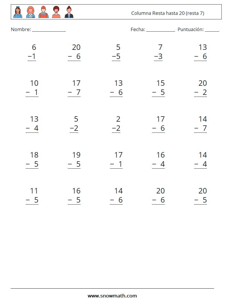 (25) Columna Resta hasta 20 (resta 7) Hojas de trabajo de matemáticas 15