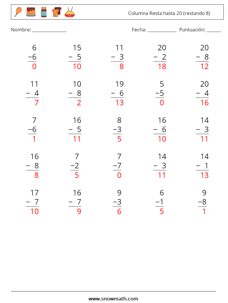 (25) Columna Resta hasta 20 (restando 8) Hojas de trabajo de matemáticas 14 Pregunta, respuesta