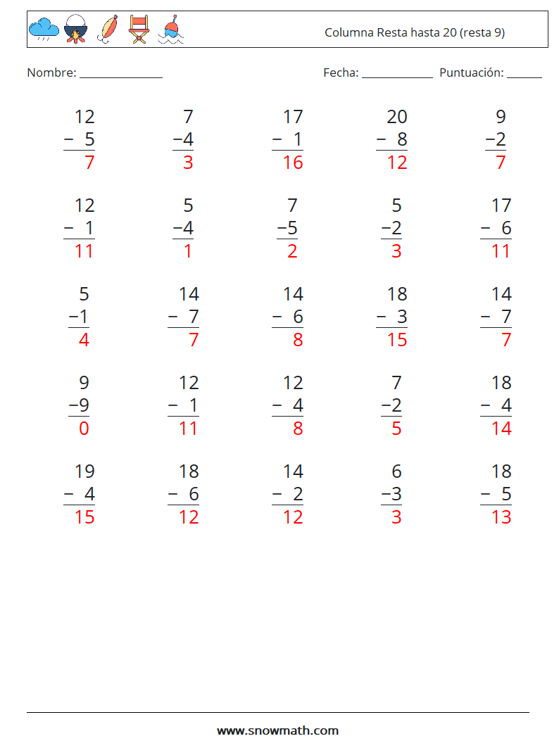 (25) Columna Resta hasta 20 (resta 9) Hojas de trabajo de matemáticas 12 Pregunta, respuesta