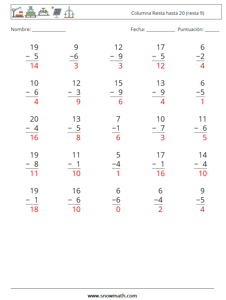 (25) Columna Resta hasta 20 (resta 9) Hojas de trabajo de matemáticas 15 Pregunta, respuesta