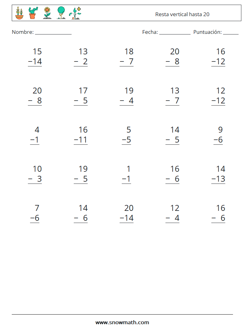 (25) Resta vertical hasta 20 Hojas de trabajo de matemáticas 10