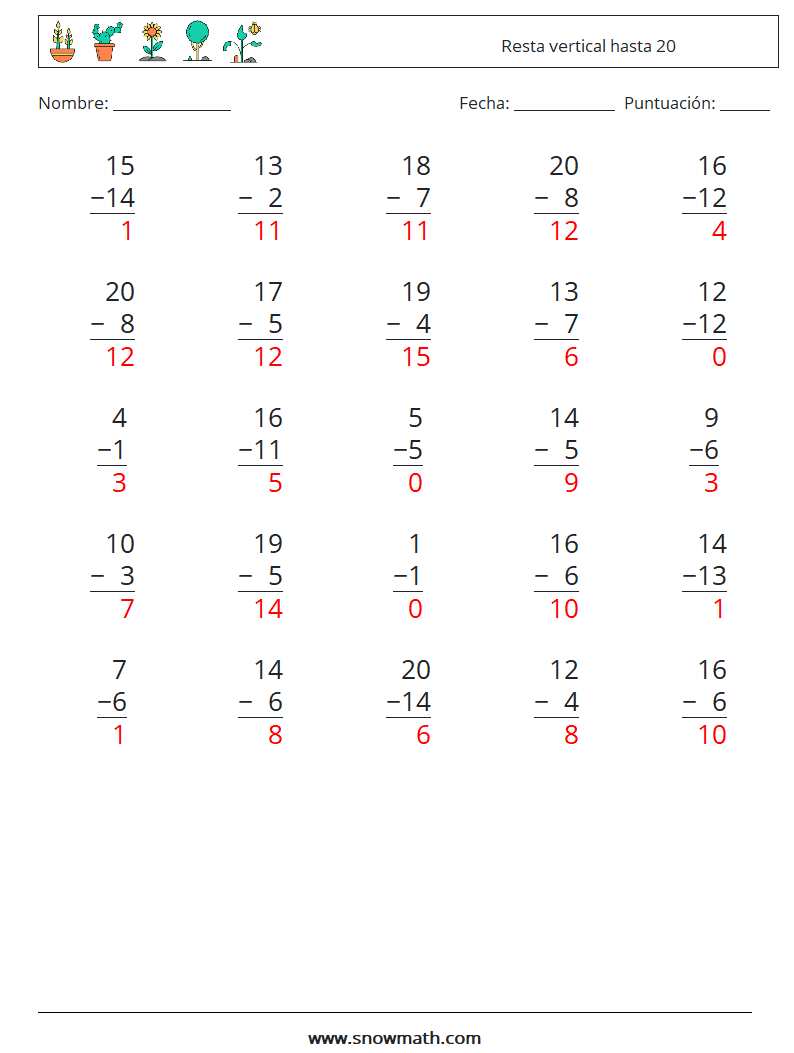 (25) Resta vertical hasta 20 Hojas de trabajo de matemáticas 10 Pregunta, respuesta
