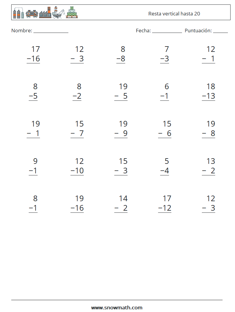 (25) Resta vertical hasta 20 Hojas de trabajo de matemáticas 11