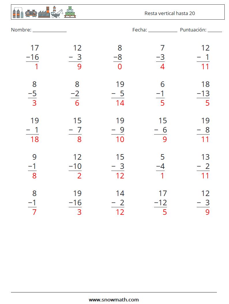 (25) Resta vertical hasta 20 Hojas de trabajo de matemáticas 11 Pregunta, respuesta