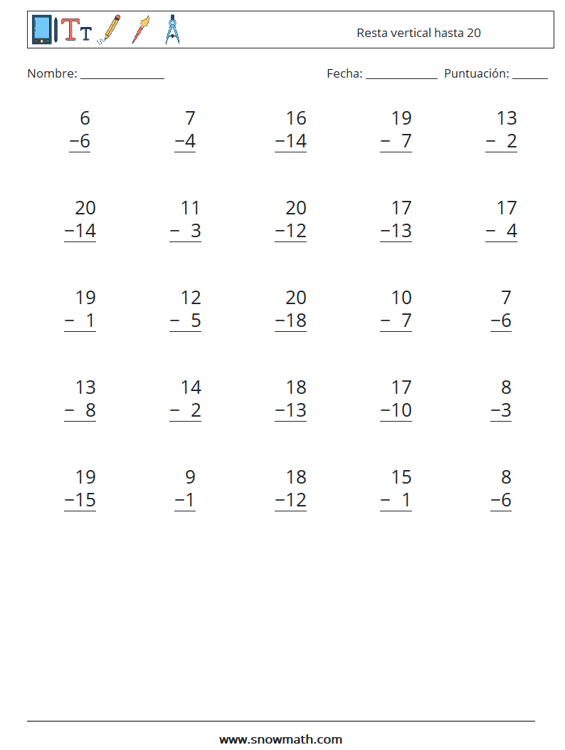 (25) Resta vertical hasta 20 Hojas de trabajo de matemáticas 14