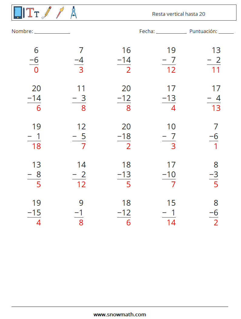(25) Resta vertical hasta 20 Hojas de trabajo de matemáticas 14 Pregunta, respuesta