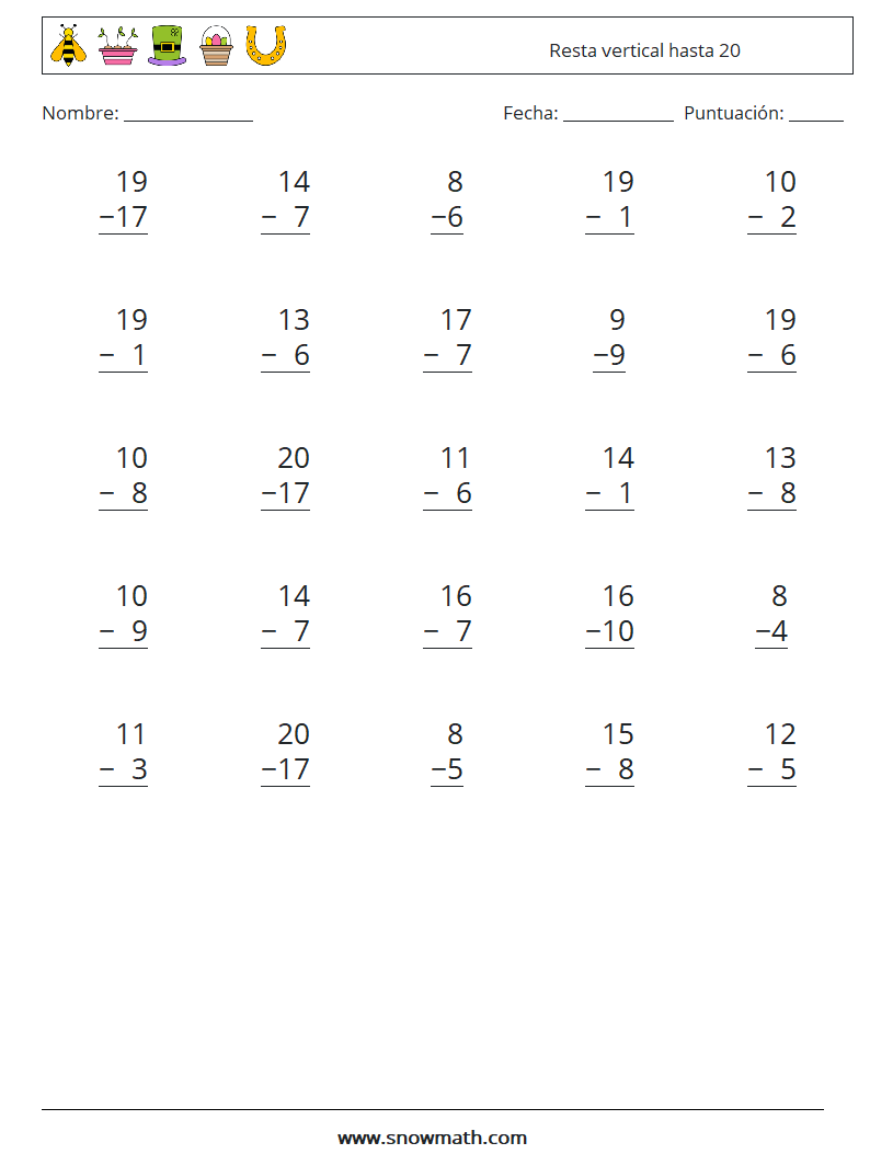 (25) Resta vertical hasta 20 Hojas de trabajo de matemáticas 15