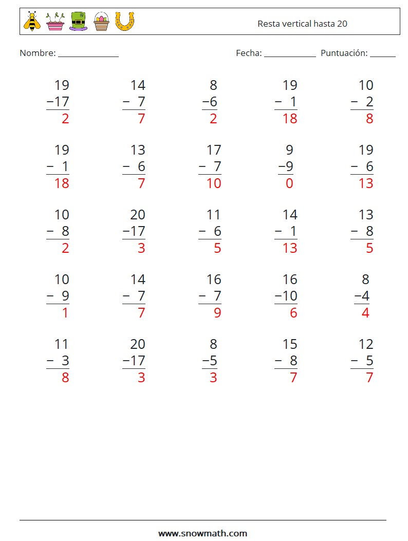 (25) Resta vertical hasta 20 Hojas de trabajo de matemáticas 15 Pregunta, respuesta