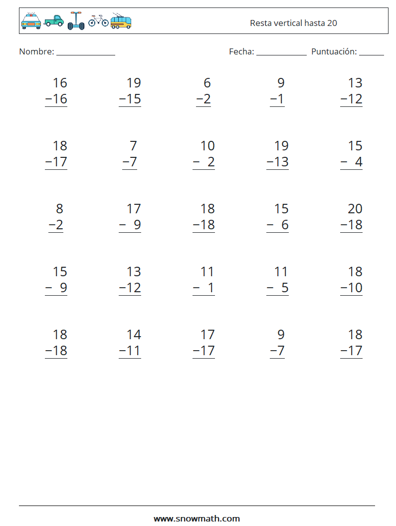 (25) Resta vertical hasta 20 Hojas de trabajo de matemáticas 17
