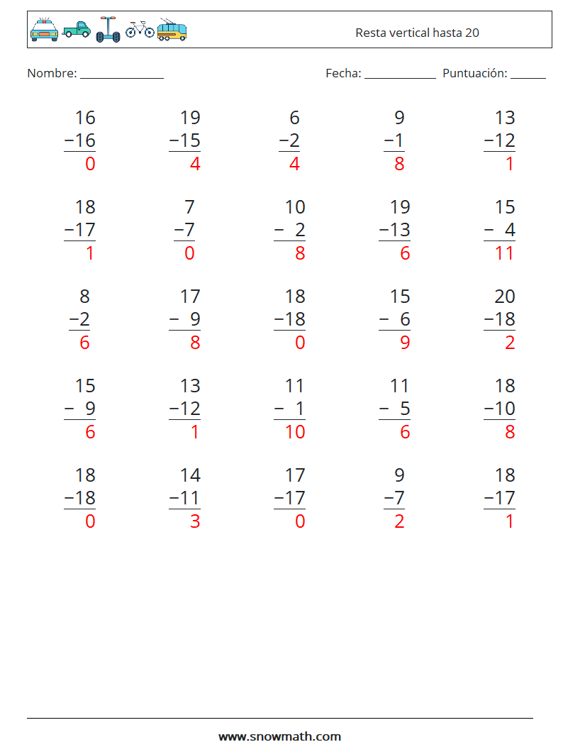 (25) Resta vertical hasta 20 Hojas de trabajo de matemáticas 17 Pregunta, respuesta