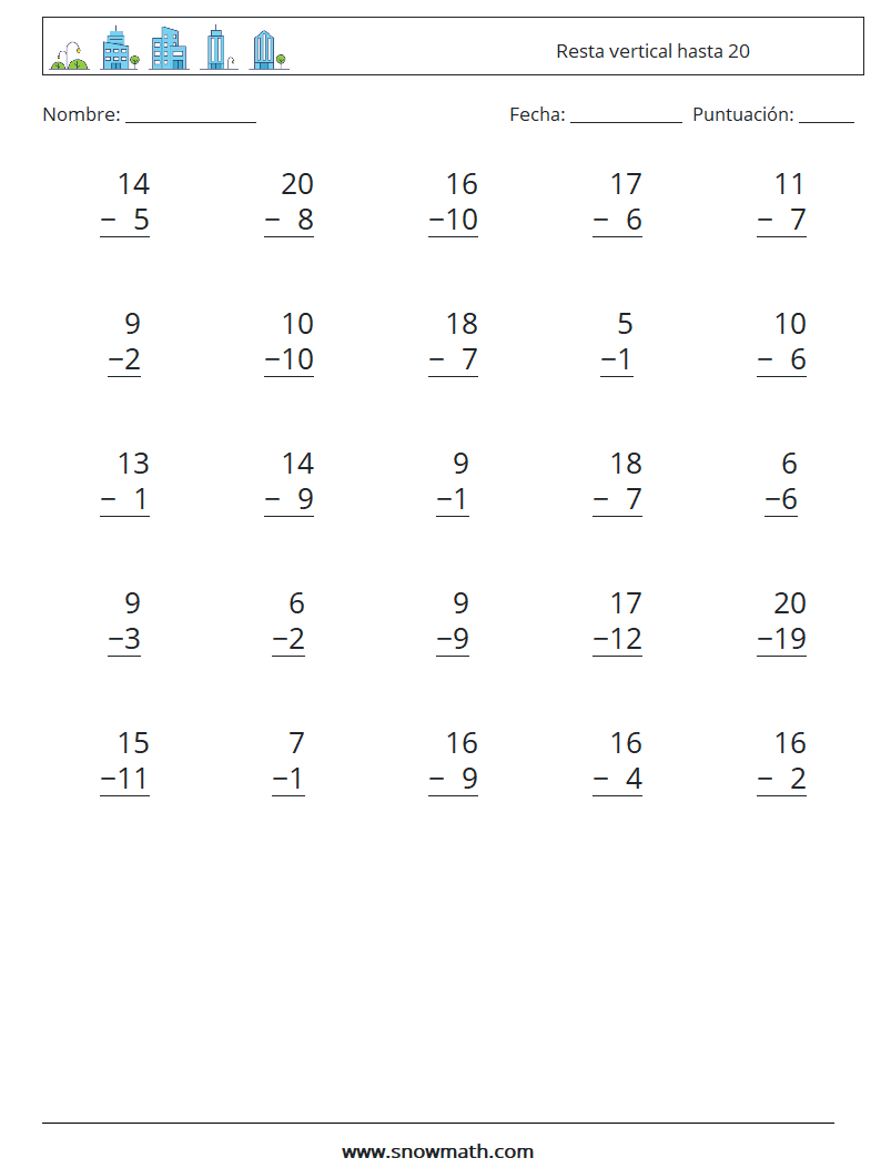 (25) Resta vertical hasta 20 Hojas de trabajo de matemáticas 18