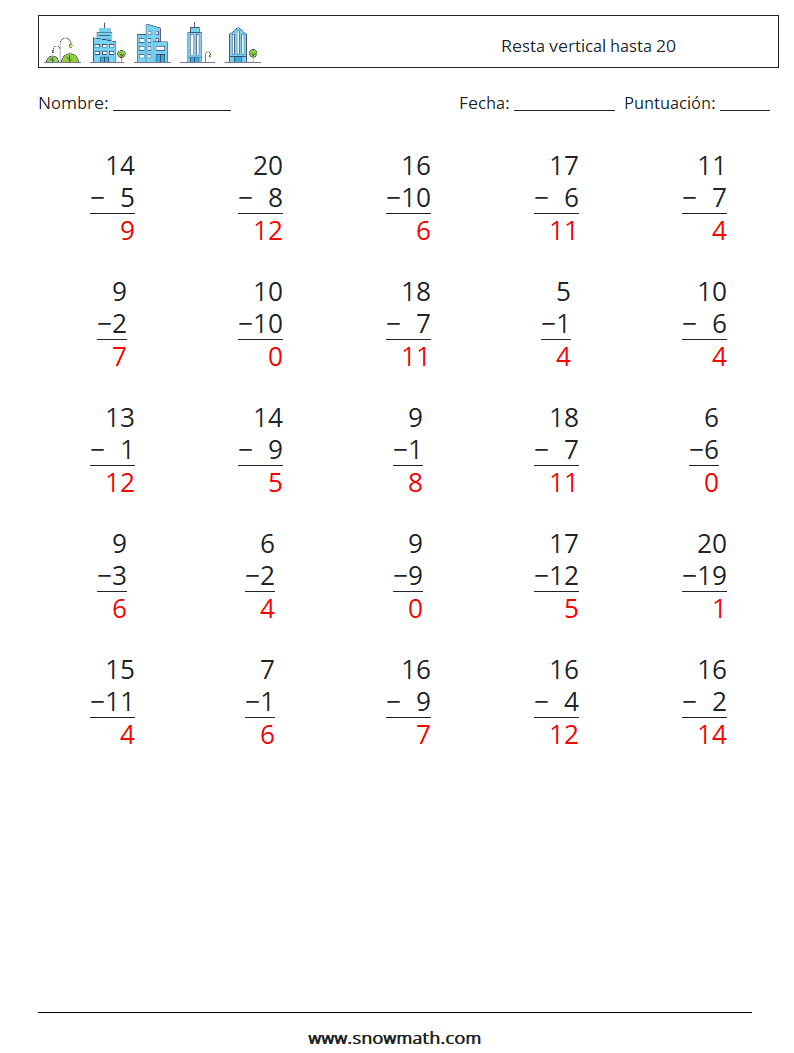 (25) Resta vertical hasta 20 Hojas de trabajo de matemáticas 18 Pregunta, respuesta