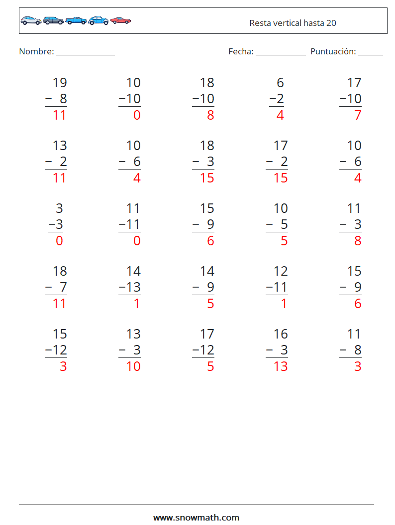 (25) Resta vertical hasta 20 Hojas de trabajo de matemáticas 1 Pregunta, respuesta