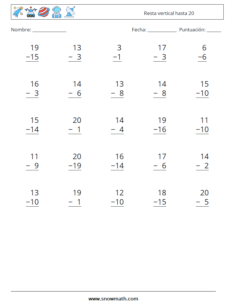 (25) Resta vertical hasta 20 Hojas de trabajo de matemáticas 3