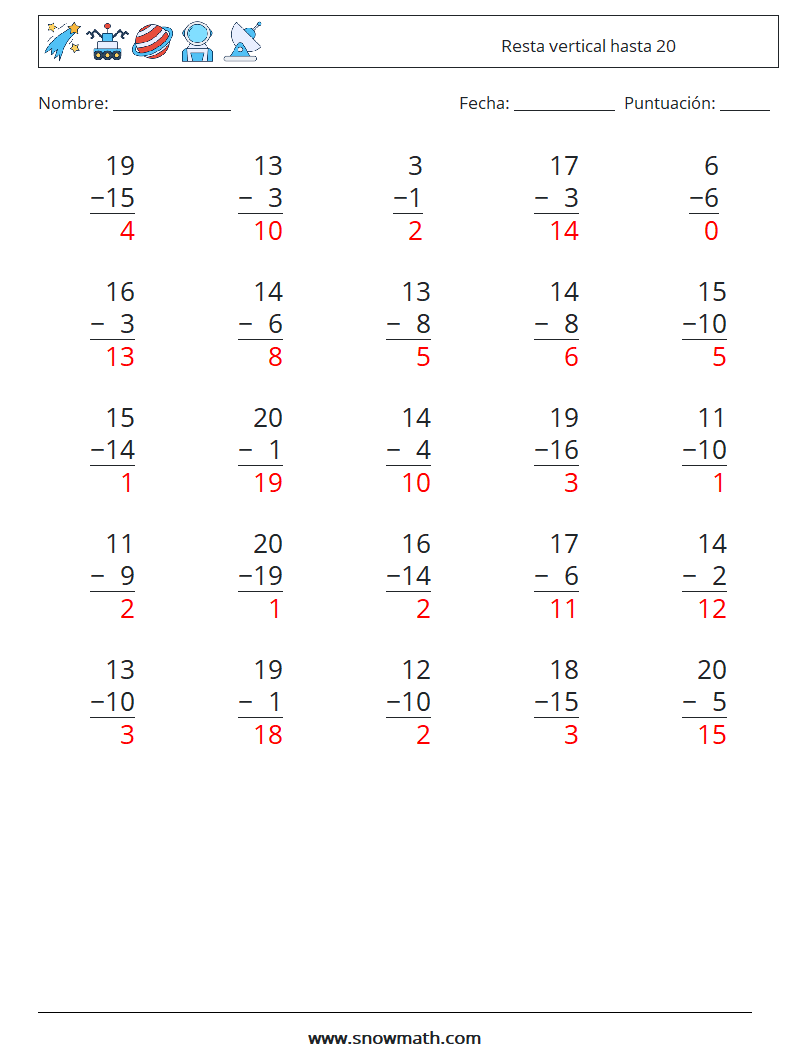 (25) Resta vertical hasta 20 Hojas de trabajo de matemáticas 3 Pregunta, respuesta