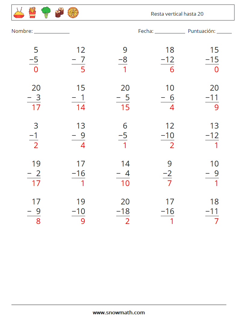 (25) Resta vertical hasta 20 Hojas de trabajo de matemáticas 4 Pregunta, respuesta