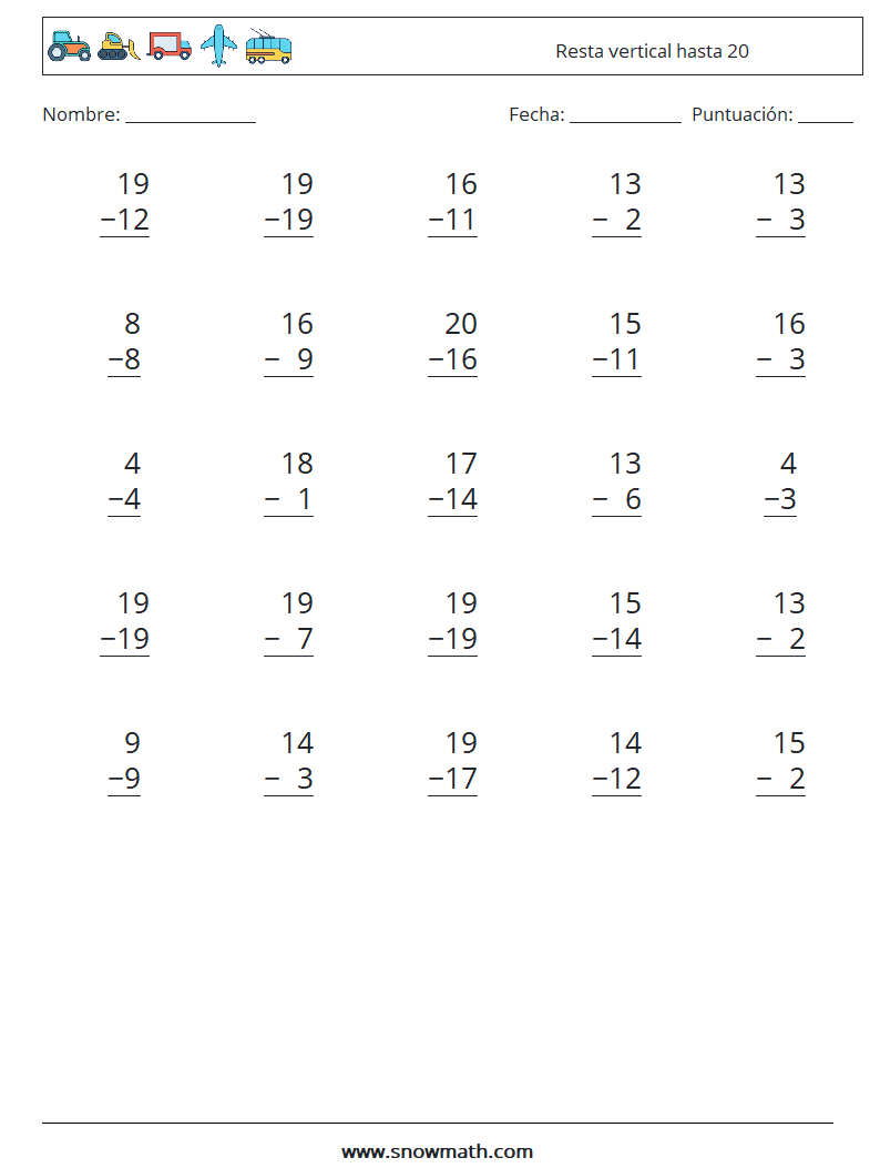 (25) Resta vertical hasta 20 Hojas de trabajo de matemáticas 5