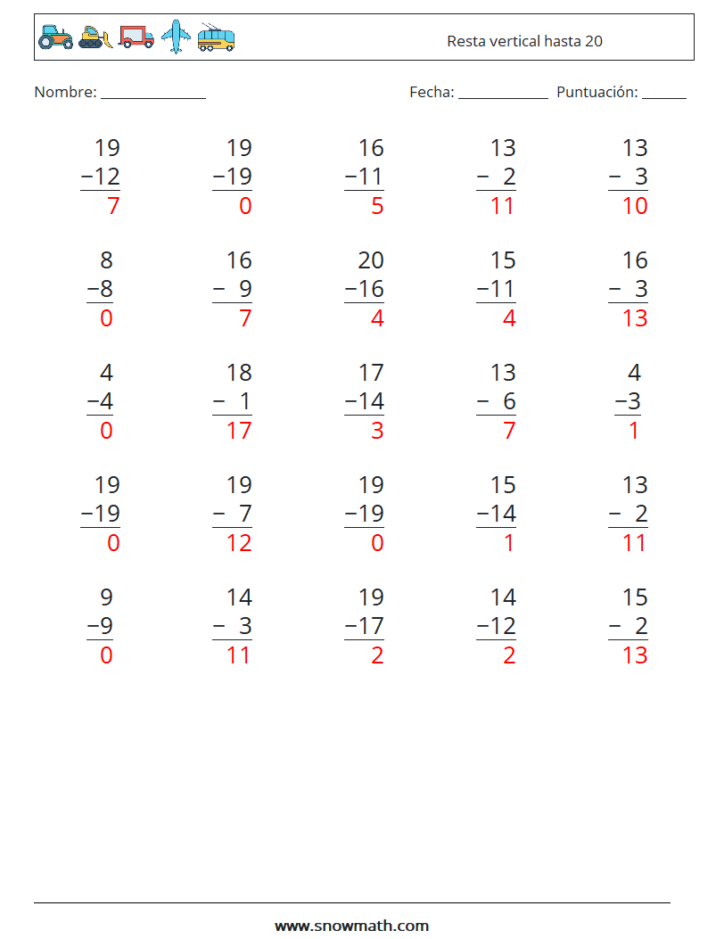 (25) Resta vertical hasta 20 Hojas de trabajo de matemáticas 5 Pregunta, respuesta