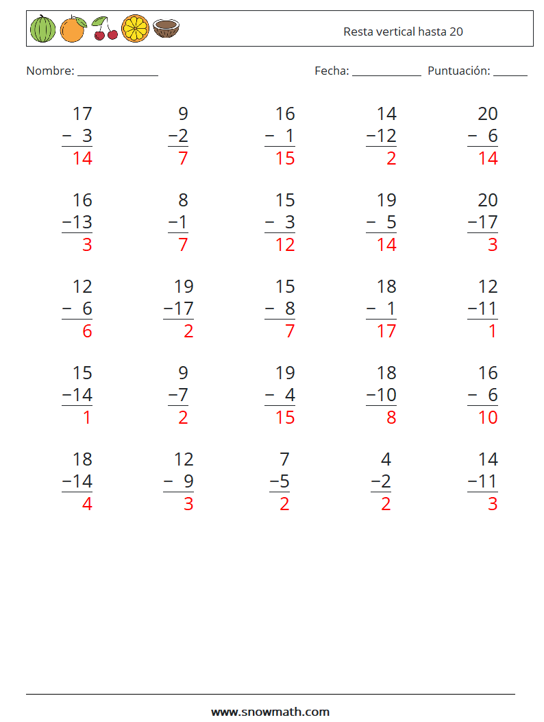 (25) Resta vertical hasta 20 Hojas de trabajo de matemáticas 6 Pregunta, respuesta