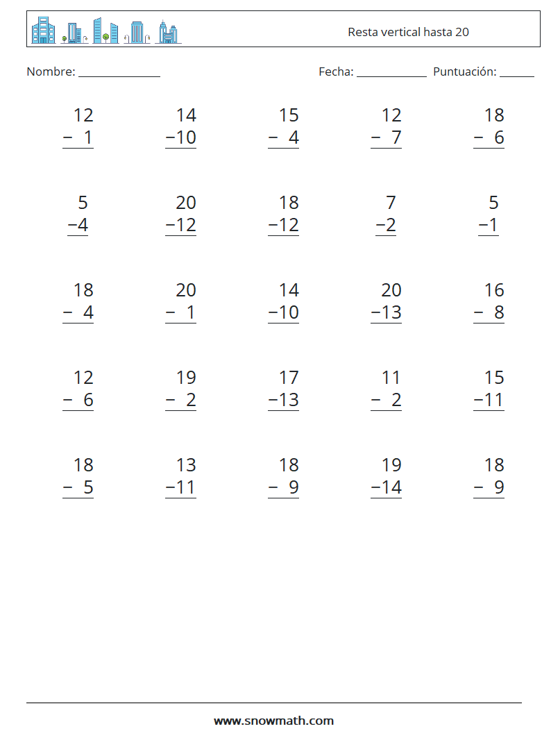 (25) Resta vertical hasta 20 Hojas de trabajo de matemáticas 7