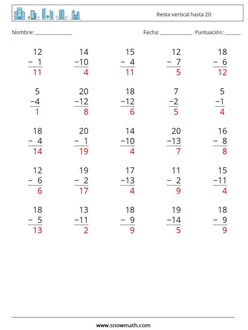 (25) Resta vertical hasta 20 Hojas de trabajo de matemáticas 7 Pregunta, respuesta