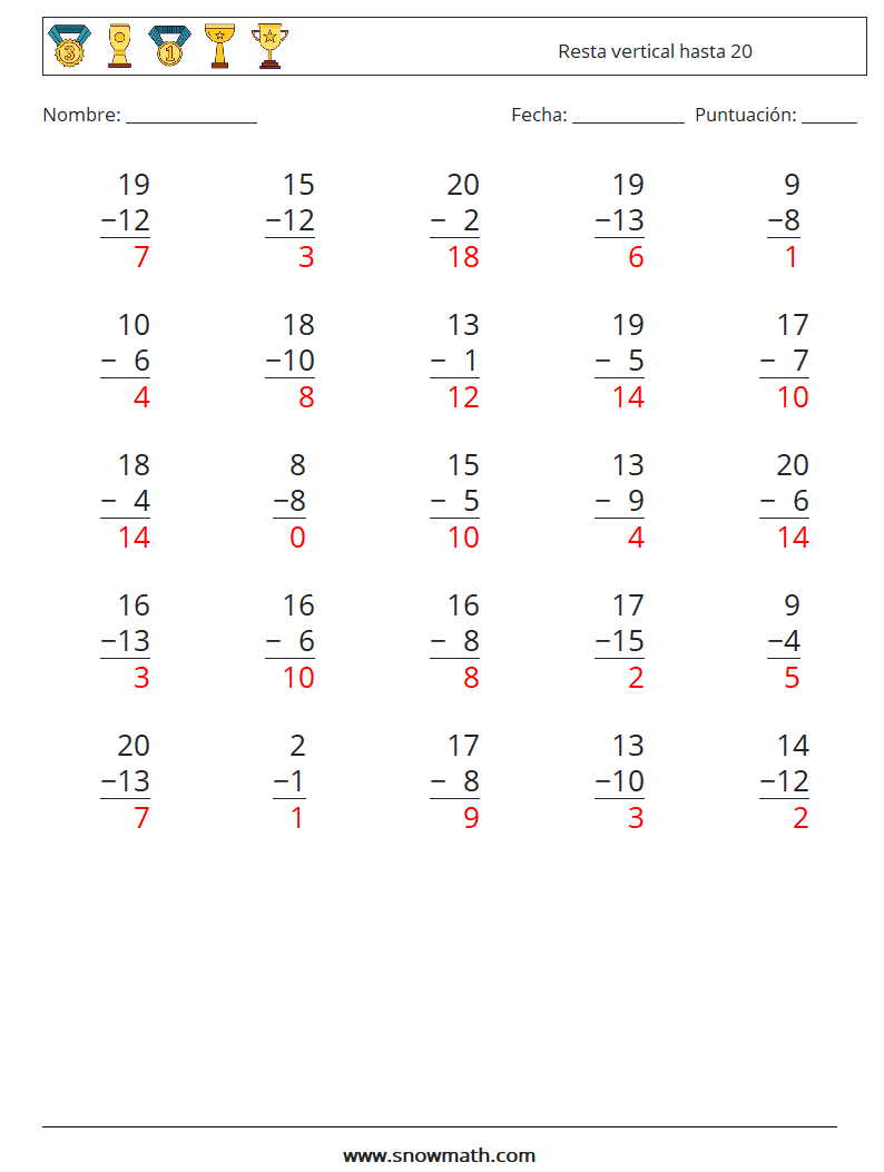 (25) Resta vertical hasta 20 Hojas de trabajo de matemáticas 9 Pregunta, respuesta