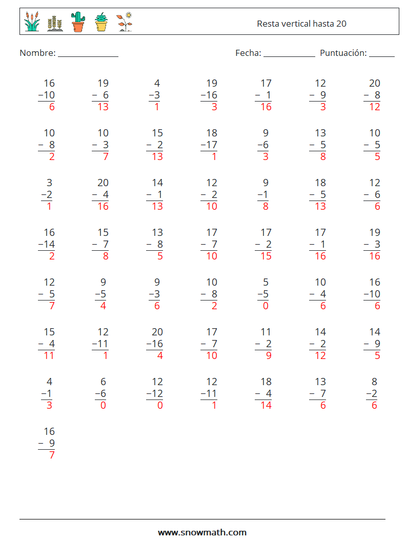 (50) Resta vertical hasta 20 Hojas de trabajo de matemáticas 10 Pregunta, respuesta