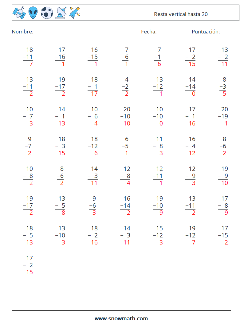 (50) Resta vertical hasta 20 Hojas de trabajo de matemáticas 12 Pregunta, respuesta