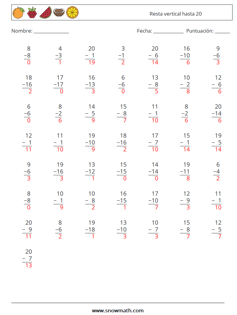 (50) Resta vertical hasta 20 Hojas de trabajo de matemáticas 13 Pregunta, respuesta