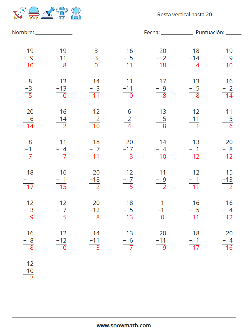 (50) Resta vertical hasta 20 Hojas de trabajo de matemáticas 15 Pregunta, respuesta