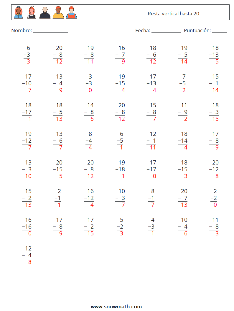(50) Resta vertical hasta 20 Hojas de trabajo de matemáticas 16 Pregunta, respuesta