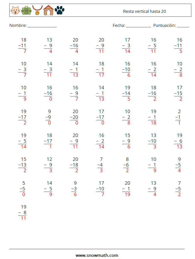 (50) Resta vertical hasta 20 Hojas de trabajo de matemáticas 17 Pregunta, respuesta