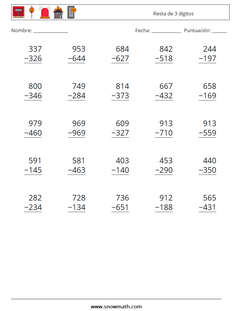 (25) resta de 3 dígitos Hojas de trabajo de matemáticas, práctica de ...
