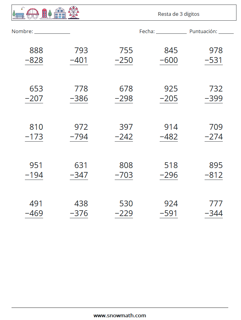 (25) resta de 3 dígitos Hojas de trabajo de matemáticas, práctica de ...